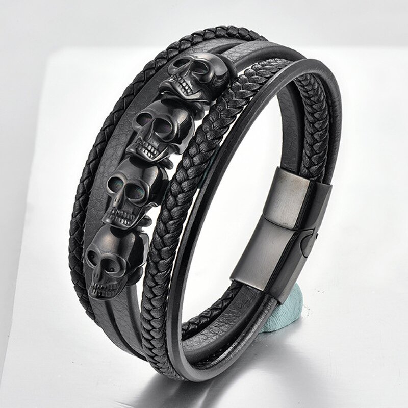 Leather Bracelet Manufacturer - Multi-layer Skull Charm Magnetic Mens Stainless Steel