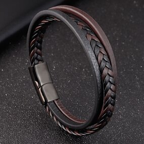 Bangle Bracelet Manufacturer - Stainless Steel Black Color Leather Mens Jewelry