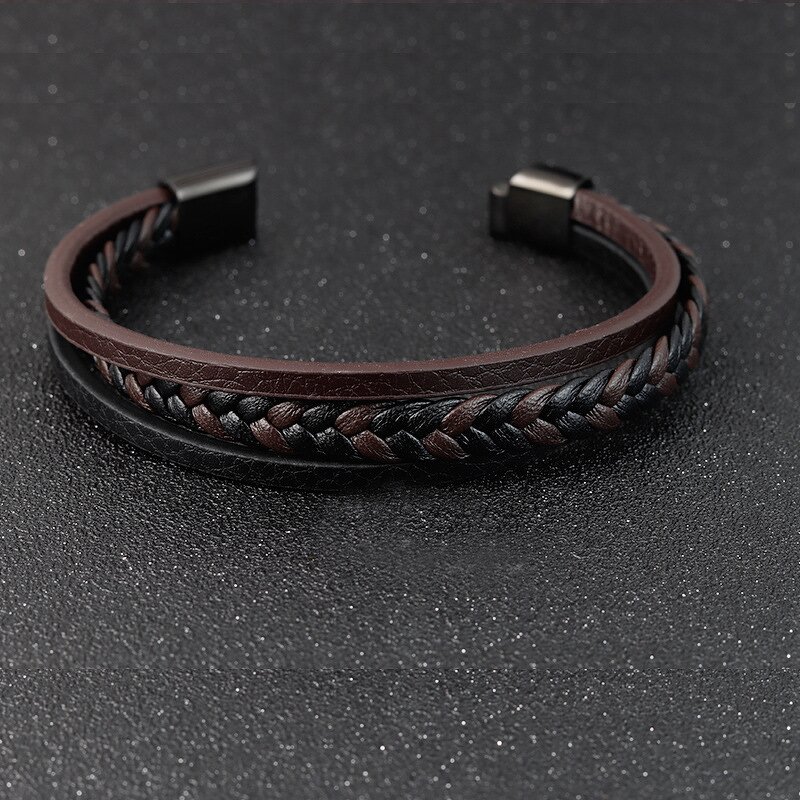 Bangle Bracelet Manufacturer - Stainless Steel Black Color Leather Mens Jewelry