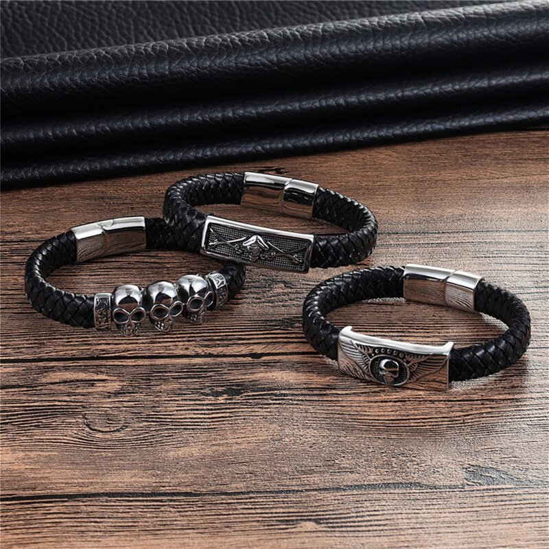 Leather Bracelet Manufacturer - Punk Braided Skull Titanium Steel Mens Wholesale