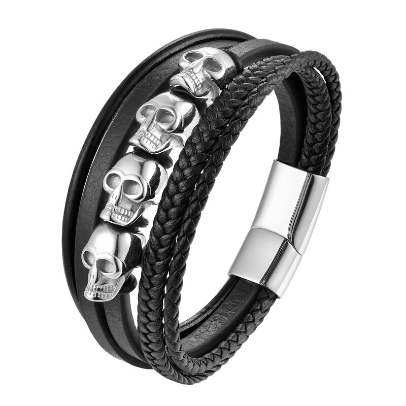 Leather Bracelet Manufacturer - Multi-layer Skull Charm Magnetic Mens Stainless Steel