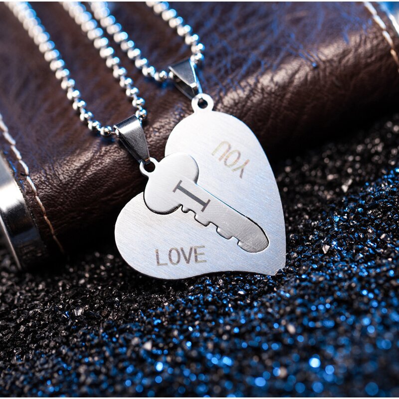 Couple Necklace Manufacturer - Silver I Love You Heart Lock Key Stainless Steel