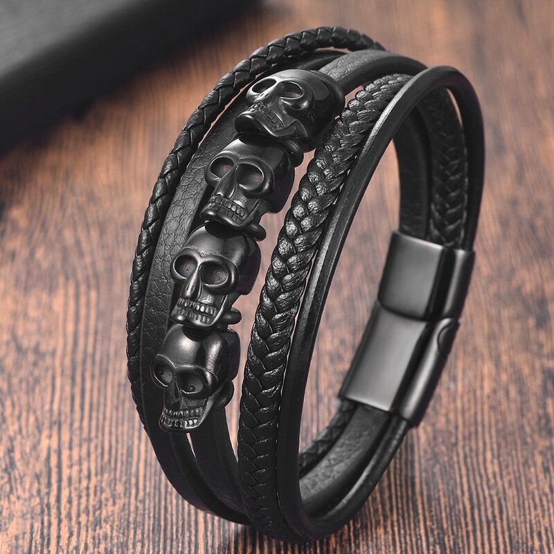 Leather Bracelet Manufacturer - Multi-layer Skull Charm Magnetic Mens Stainless Steel