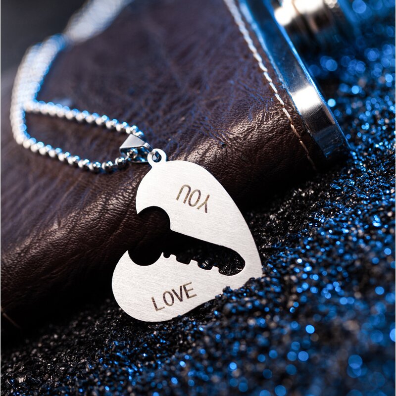 Couple Necklace Manufacturer - Silver I Love You Heart Lock Key Stainless Steel