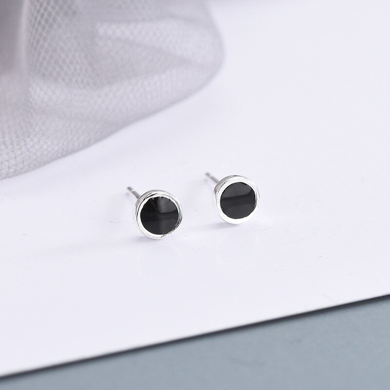 Stud Earrings Manufacturer - Stainless Steel Black Round Inlay Mens 2 Pcs