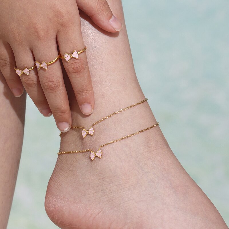 Jewelry Set Manufacturer - 18K Gold Zircon Butterfly Bow Stud Earrings Ring Anklet