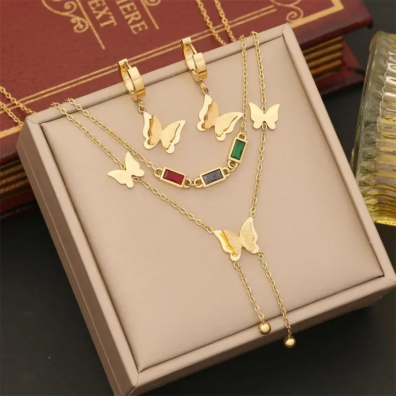 Jewelry Set Manufacturer - 3pcs Zircon Butterfly Necklace Bracelet Hoop Earrings Women