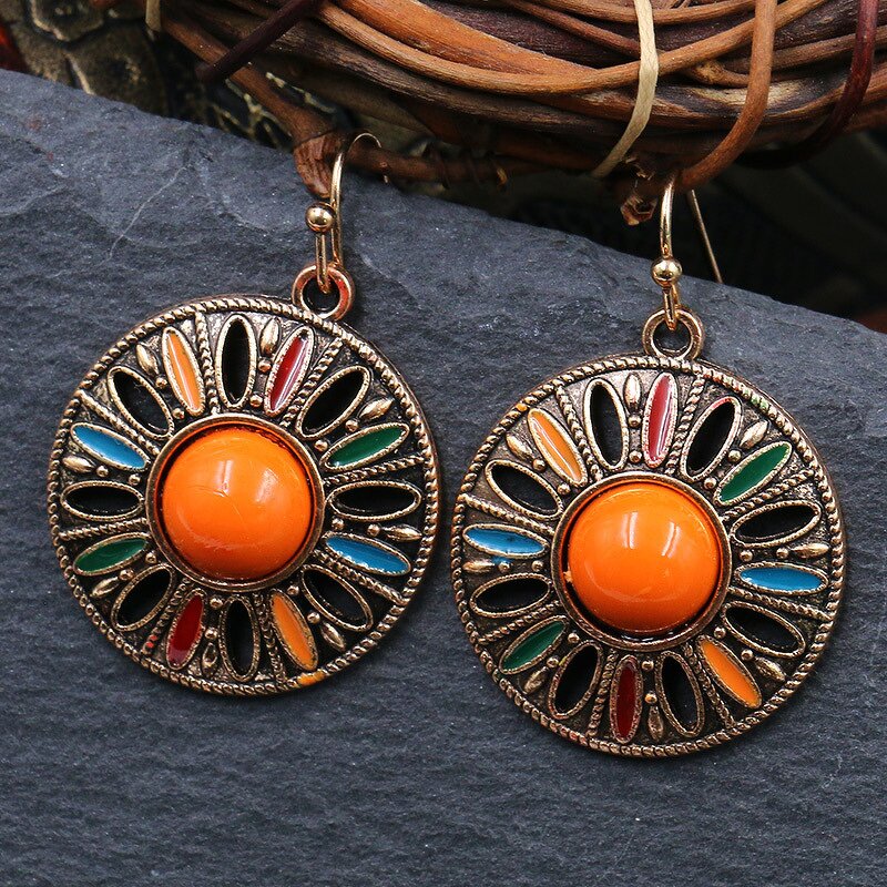 Drop Earrings Manufacturer - Retro Ethnic Sunflower Rhinestone Circular Women