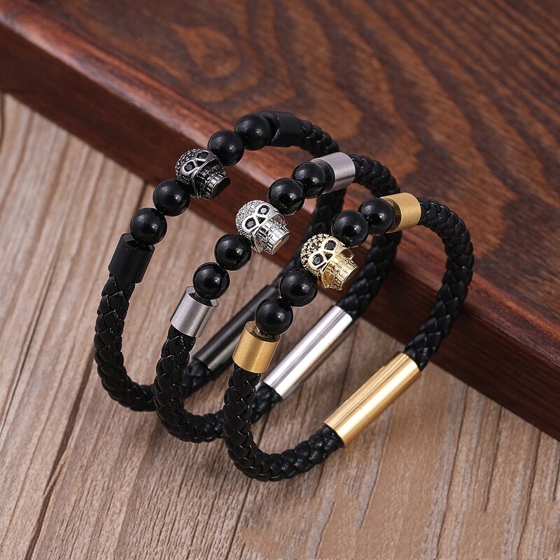 Leather Bracelet Manufacturer - Ghost Head Zircon Glass Stone Unisex Stainless Steel