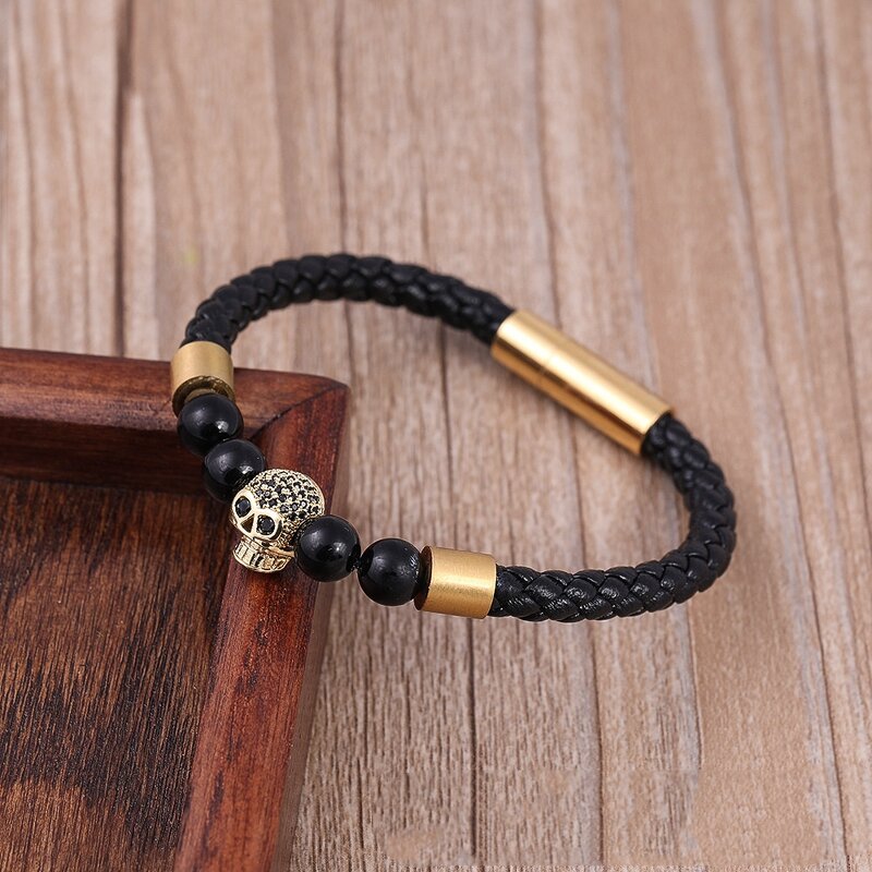 Leather Bracelet Manufacturer - Ghost Head Zircon Glass Stone Unisex Stainless Steel