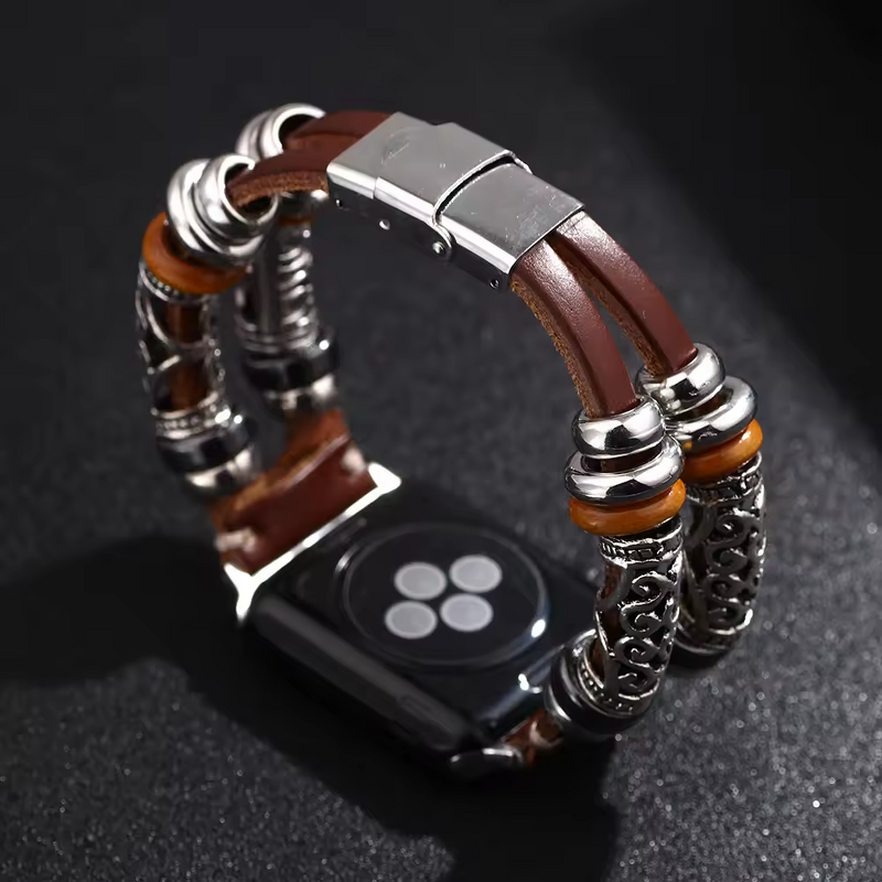 Watch Band Manufacturer - Stainless Steel Wooden Bead Leather Strap Smart Watch