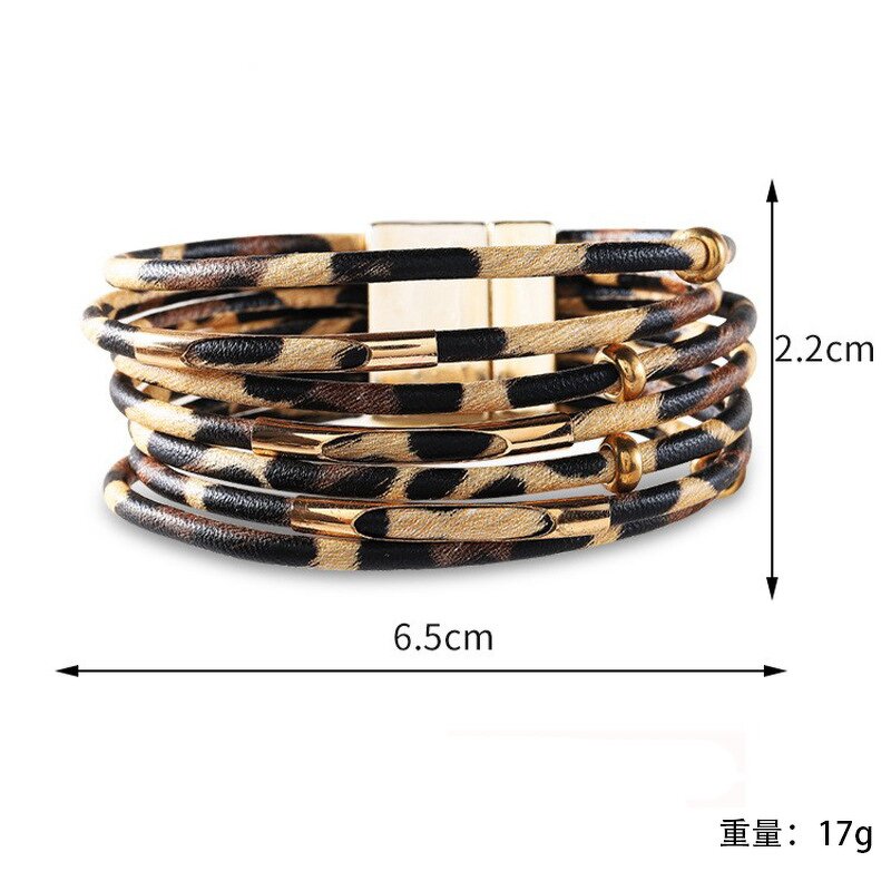 Leather Bracelet Manufacturer - Leopard Print Multi Layer Wrap Magnet Beaded