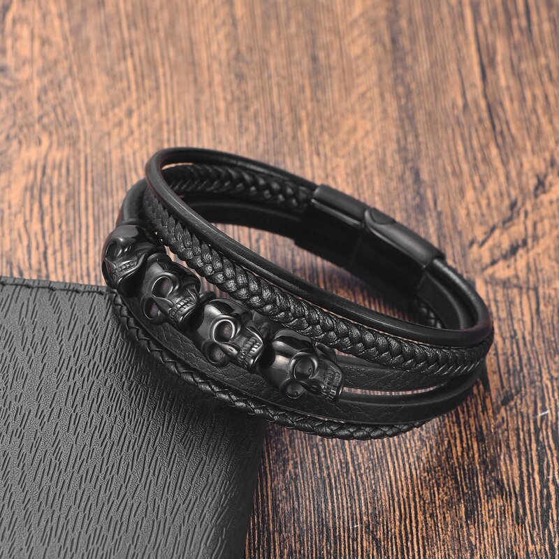 Leather Bracelet Manufacturer - Multi-layer Skull Charm Magnetic Mens Stainless Steel