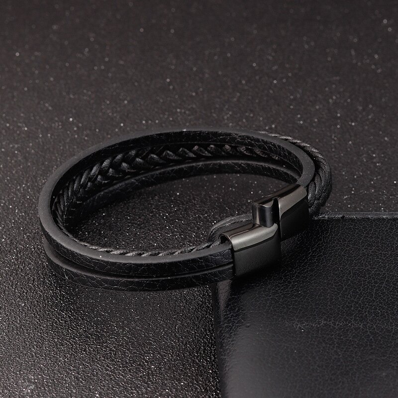 Bangle Bracelet Manufacturer - Stainless Steel Black Color Leather Mens Jewelry