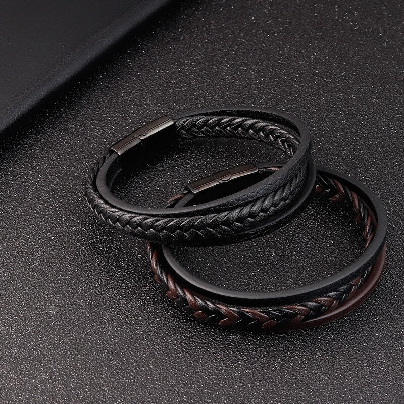 Bangle Bracelet Manufacturer - Stainless Steel Black Color Leather Mens Jewelry