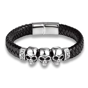 Leather Bracelet Manufacturer - Punk Braided Skull Titanium Steel Mens Wholesale
