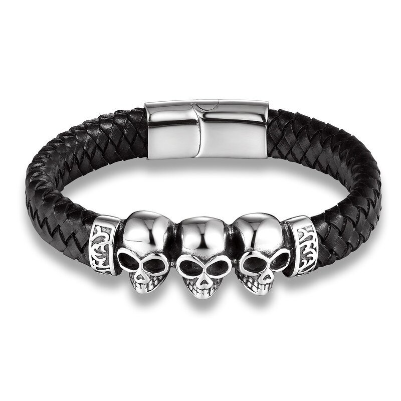 Leather Bracelet Manufacturer - Punk Braided Skull Titanium Steel Mens Wholesale