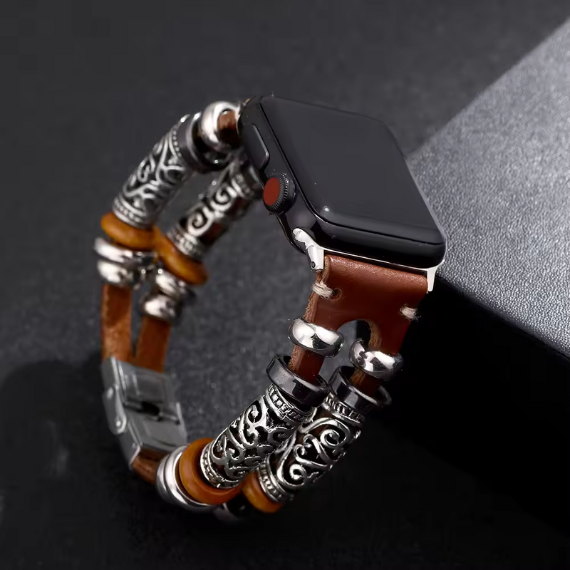 Watch Band Manufacturer - Stainless Steel Wooden Bead Leather Strap Smart Watch