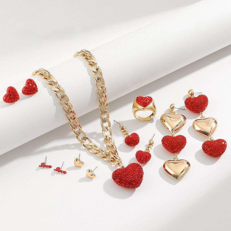 Jewelry Set Manufacturer - 18K Gold Red Heart Zircon Necklace Earrings Ring