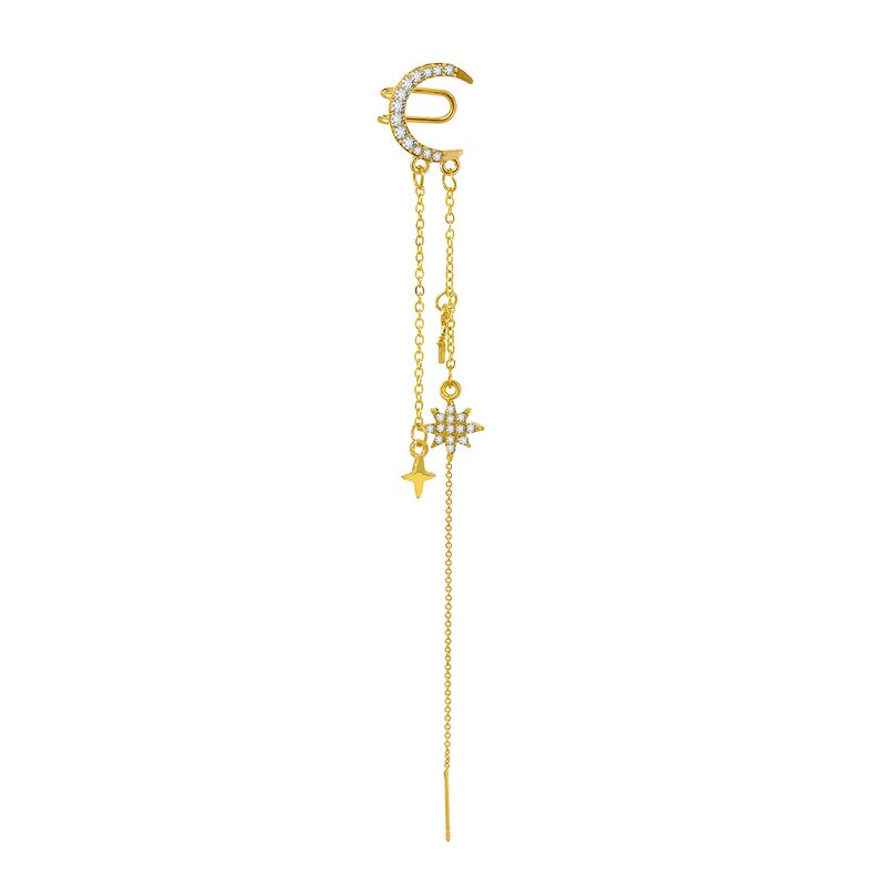 Clip-On Earrings Manufacturer - Vintage Gold Plated Full Diamond Star Moon Chain Tassel Non-Pierced
