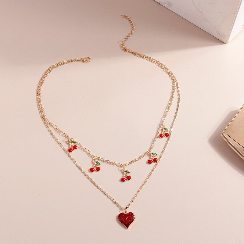 Collar Necklace Manufacturer - Red Tiered Cherry Tassel Gold Plated Love Heart Women Summer Party Gift