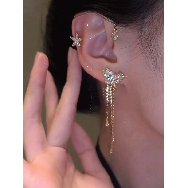 Cuff Jewelry Manufacturer - Gold Plated Butterfly Zircon Flower Long Tassel Non-Piercing Girls Trendy