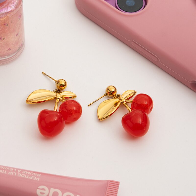 Dangle Earrings Manufacturer - 18K Gold Stainless Steel Acrylic Cherry Sweet Cute Women Fashion