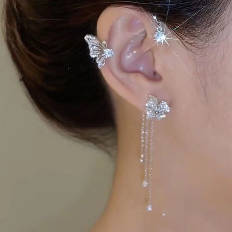 Cuff Jewelry Manufacturer - Gold Plated Butterfly Zircon Flower Long Tassel Non-Piercing Girls Trendy