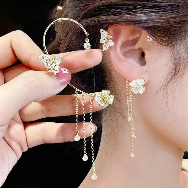 Cuff Jewelry Manufacturer - Gold Plated Butterfly Zircon Flower Long Tassel Non-Piercing Girls Trendy