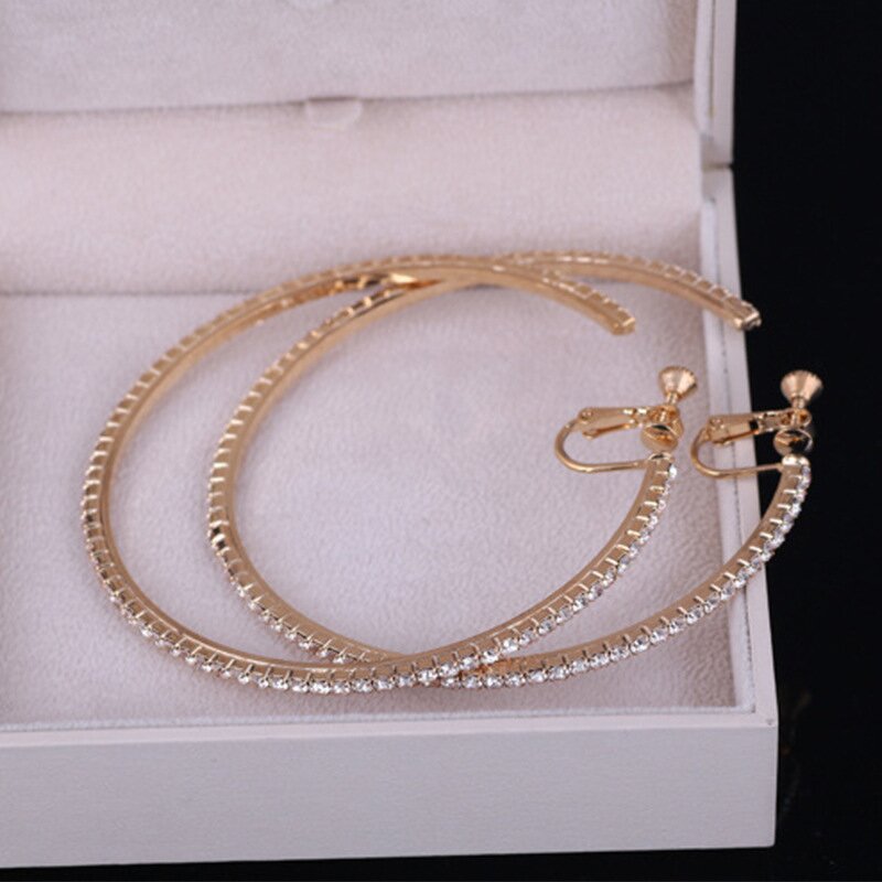 Hoop Earrings Manufacturer - Full Diamond Custom Rhinestones Screw Clip Women Elegant Fashion Jewelry