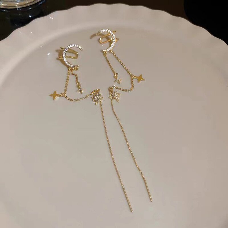 Clip-On Earrings Manufacturer - Vintage Gold Plated Full Diamond Star Moon Chain Tassel Non-Pierced