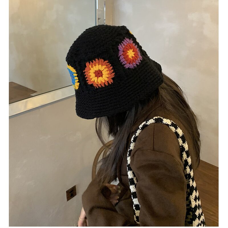 Bucket Hat Manufacturer - Women Handmade Woolen Knitted Flower Big Head Autumn Winter Fishing Hat