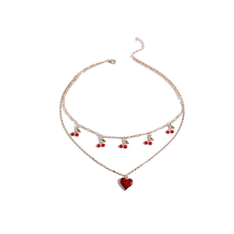 Collar Necklace Manufacturer - Red Tiered Cherry Tassel Gold Plated Love Heart Women Summer Party Gift