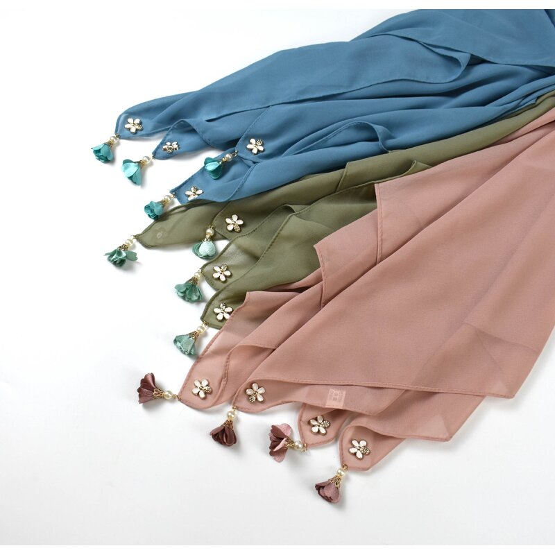 Headscarf Manufacturer - Solid Pearl Chiffon Square Muslim Floral Tassel Women Hijab Scarf