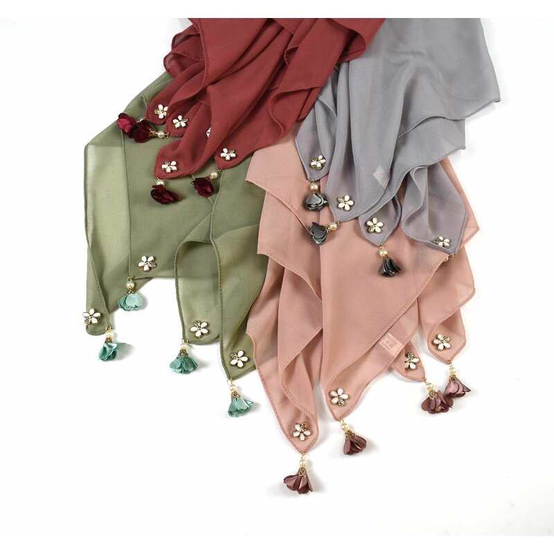 Headscarf Manufacturer - Solid Pearl Chiffon Square Muslim Floral Tassel Women Hijab Scarf