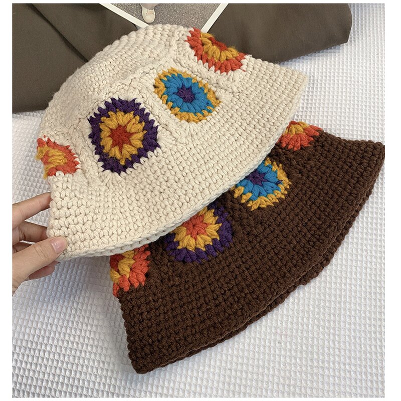 Bucket Hat Manufacturer - Women Handmade Woolen Knitted Flower Big Head Autumn Winter Fishing Hat