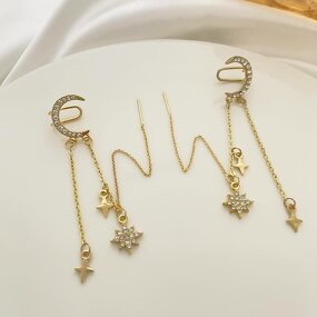 Clip-On Earrings Manufacturer - Vintage Gold Plated Full Diamond Star Moon Chain Tassel Non-Pierced
