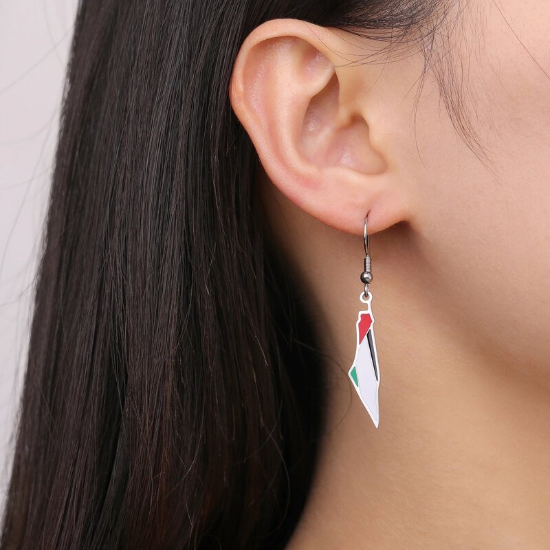 Drop Earrings Manufacturer - 18K Gold Enamel Palestine Map Flag Stainless Steel Supporting Women Jewelry