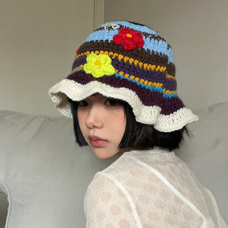 Bucket Hat Manufacturer - Women Handmade Woolen Knitted Flower Big Head Autumn Winter Fishing Hat