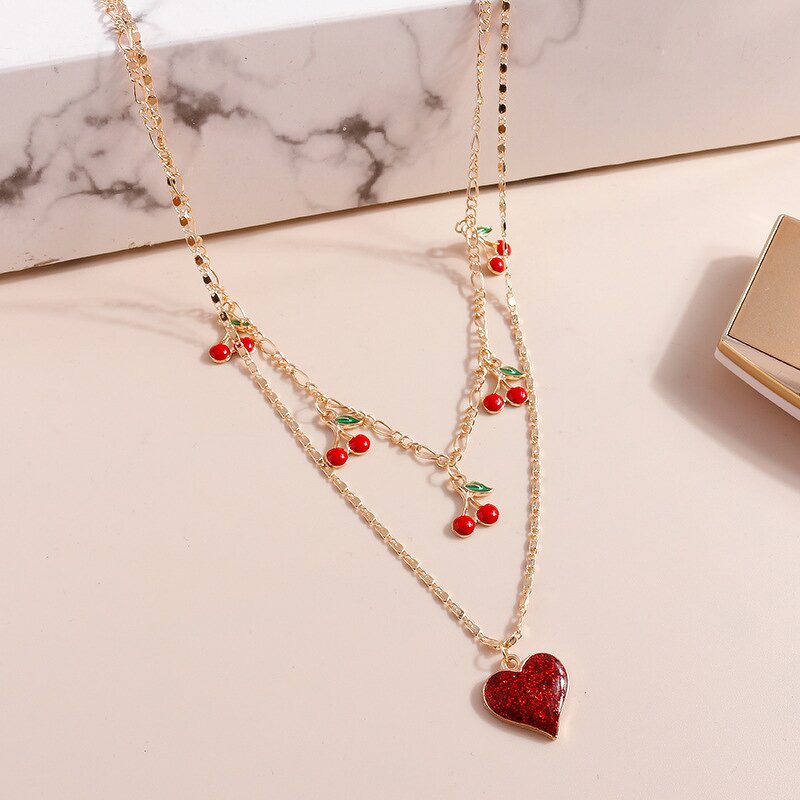 Collar Necklace Manufacturer - Red Tiered Cherry Tassel Gold Plated Love Heart Women Summer Party Gift