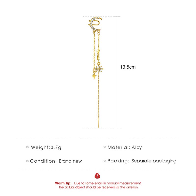 Clip-On Earrings Manufacturer - Vintage Gold Plated Full Diamond Star Moon Chain Tassel Non-Pierced