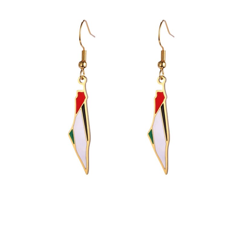 Drop Earrings Manufacturer - 18K Gold Enamel Palestine Map Flag Stainless Steel Supporting Women Jewelry