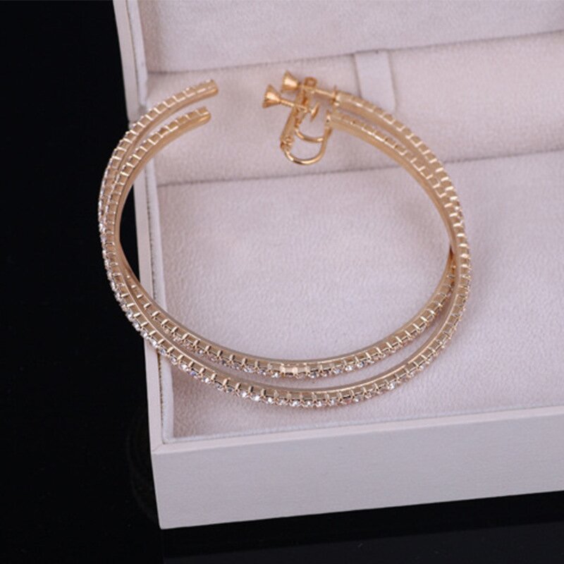 Hoop Earrings Manufacturer - Full Diamond Custom Rhinestones Screw Clip Women Elegant Fashion Jewelry