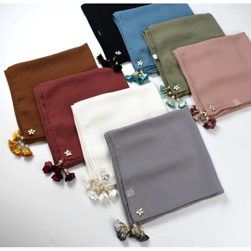 Headscarf Manufacturer - Solid Pearl Chiffon Square Muslim Floral Tassel Women Hijab Scarf