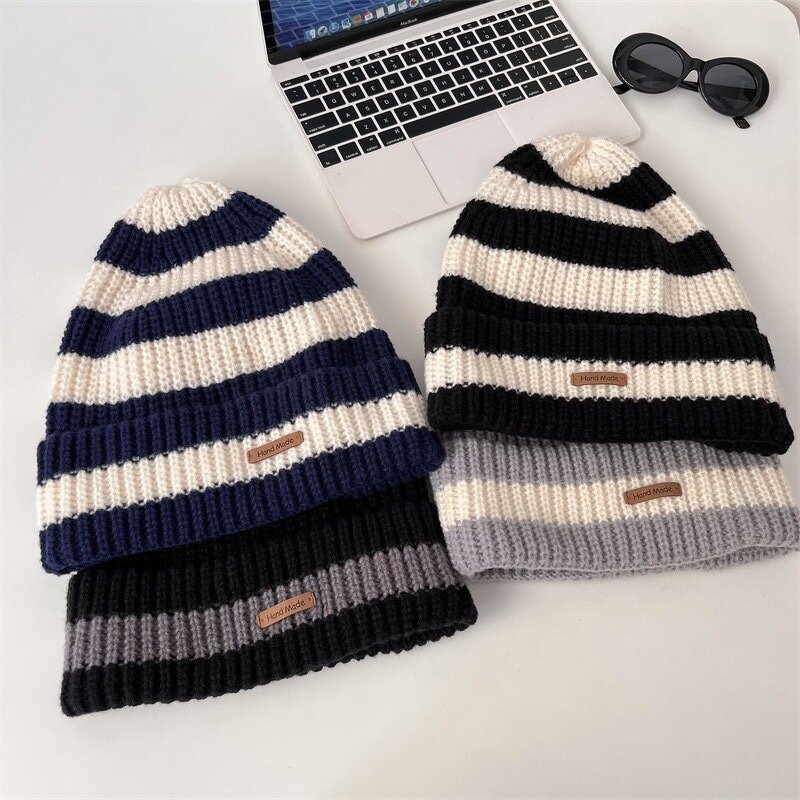 Knitted Hat Manufacturer - Casual Retro Y2K Stripe Adult Unisex Outdoor Winter Warm Custom Leather Logo