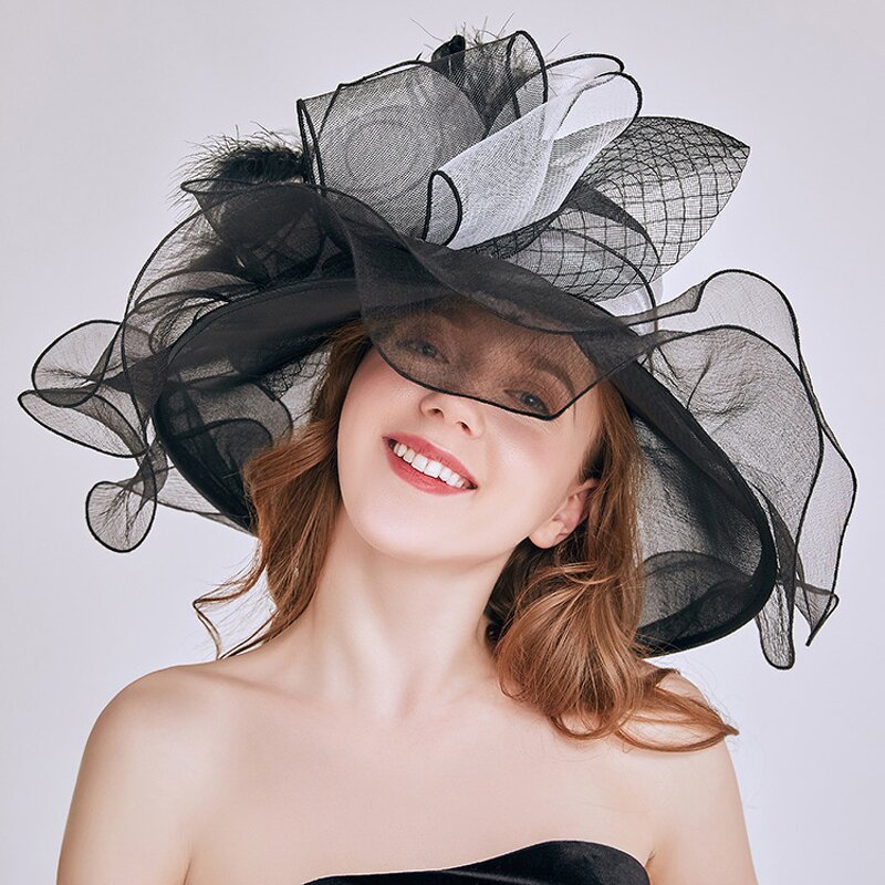 Sun Hat Manufacturer - Women's Organza with Large Flower British Noble Lady Style Elegant UV Protection Wide Brim