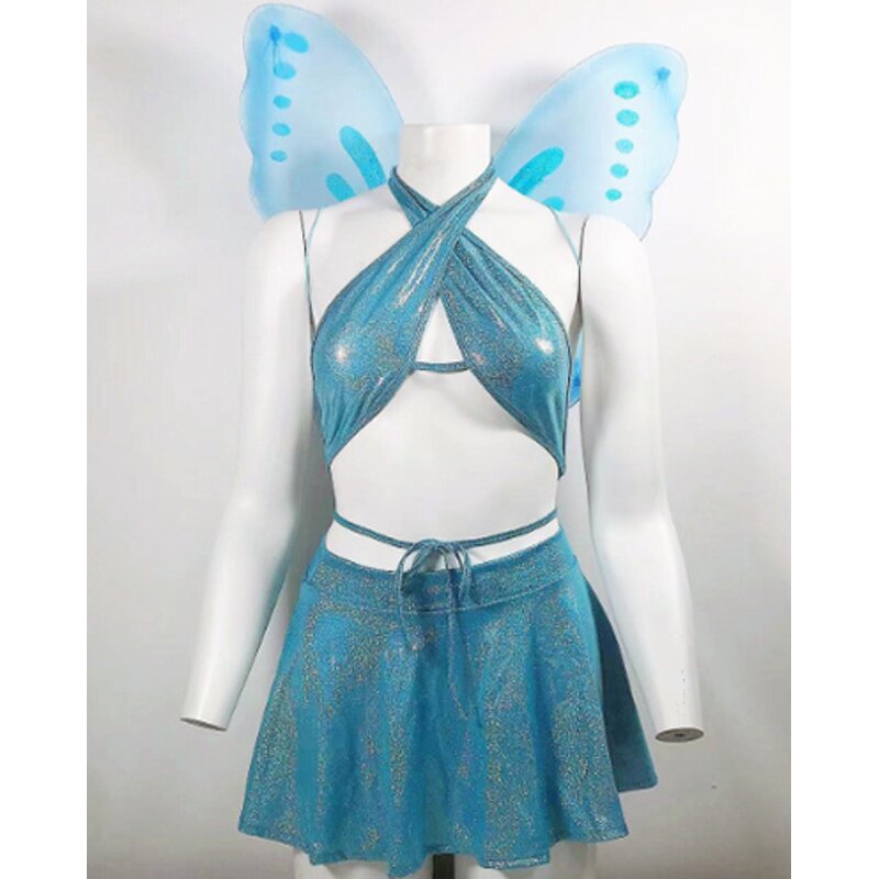 Cosplay Set Manufacturer - Pu Leather Womens 5 Piece Fairy Butterfly Wing Bra Gloves Bodycon Mini Skirt