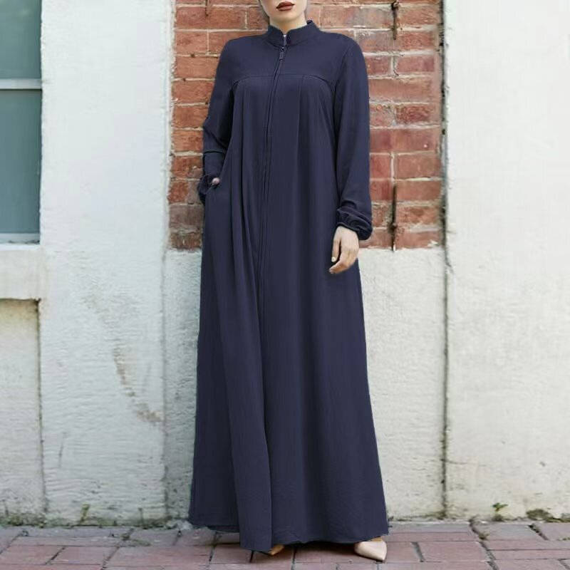 Muslim Cardigan Dress Manufacturer - Vertical Collar Zipper Sluffed Pocket Loose