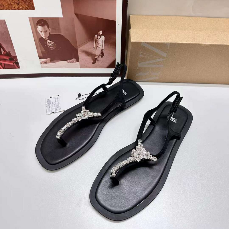 Women's Flat Sandals Manufacturer - 2025 Classic Black Round Toe Shiny Crystal Wholesale