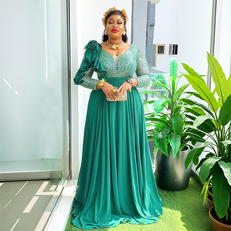 African Evening Gown Manufacturer - 2025 Plus Size Long Sleeve Sequined Flower High Waist